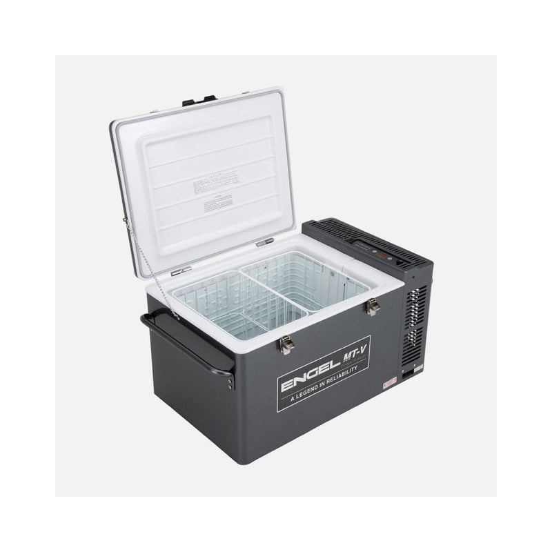 Gun Metal Gray | Engle 80L Portable Fridge - Freezer Image Showing Angled Side View With The Lid Up.