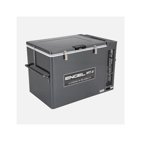 Gun Metal Gray | Engle 80L Portable Fridge - Freezer Image Showing Angled Side View, Lid Closed.