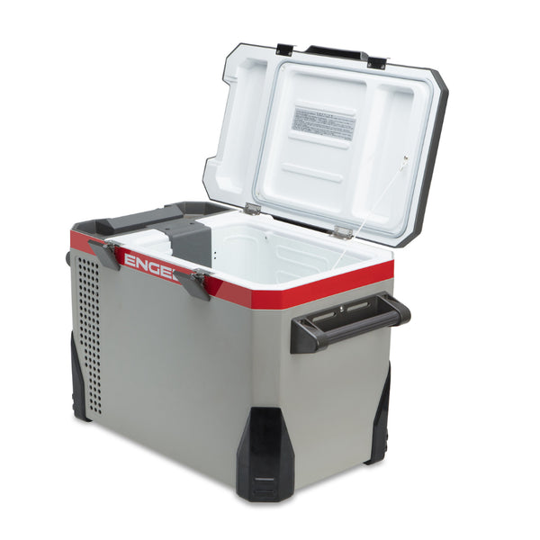 Grey | Engel 38 L Fridge Freezer. Angled View - Lid Open.  