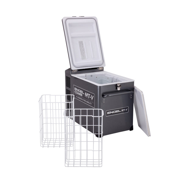 Gunmetal | Engel Gunmetal 40 Litre Fridge Freezer Combi. Showing Baskets and Divider out.