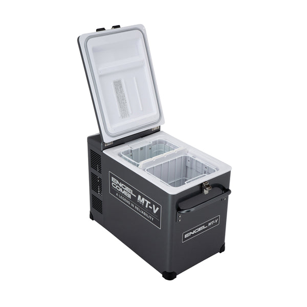 Gunmetal | Engel Gunmetal 40 Litre Fridge Freezer Combi. Shown with Lid Open, Divider in and Baskets in Place. 