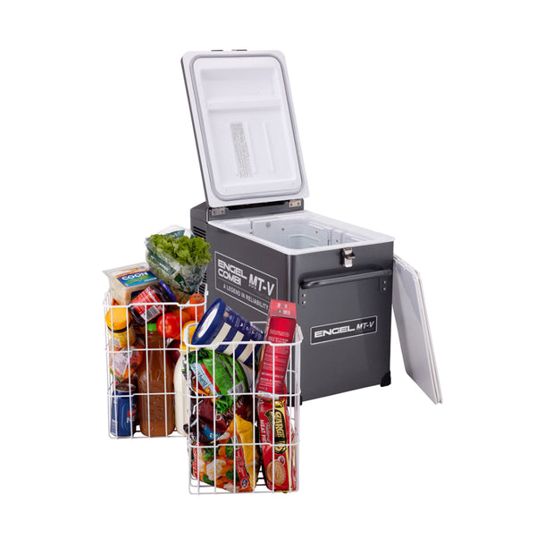 Gunmetal | Engel Gunmetal 40 Litre Fridge Freezer Combi. Shown with Full Baskets out. 