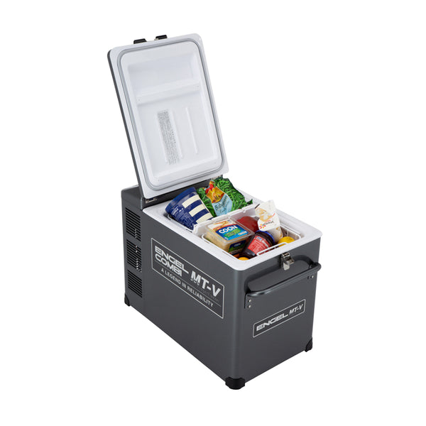 Gunmetal | Engel Gunmetal 40 Litre Fridge Freezer Combi. Shown Fully Packed as a Fridge and Freezer.