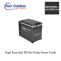 Engel Gunmetal 40 Litre Fridge Freezer Combi. Hero Image Showing Logos and Title. 