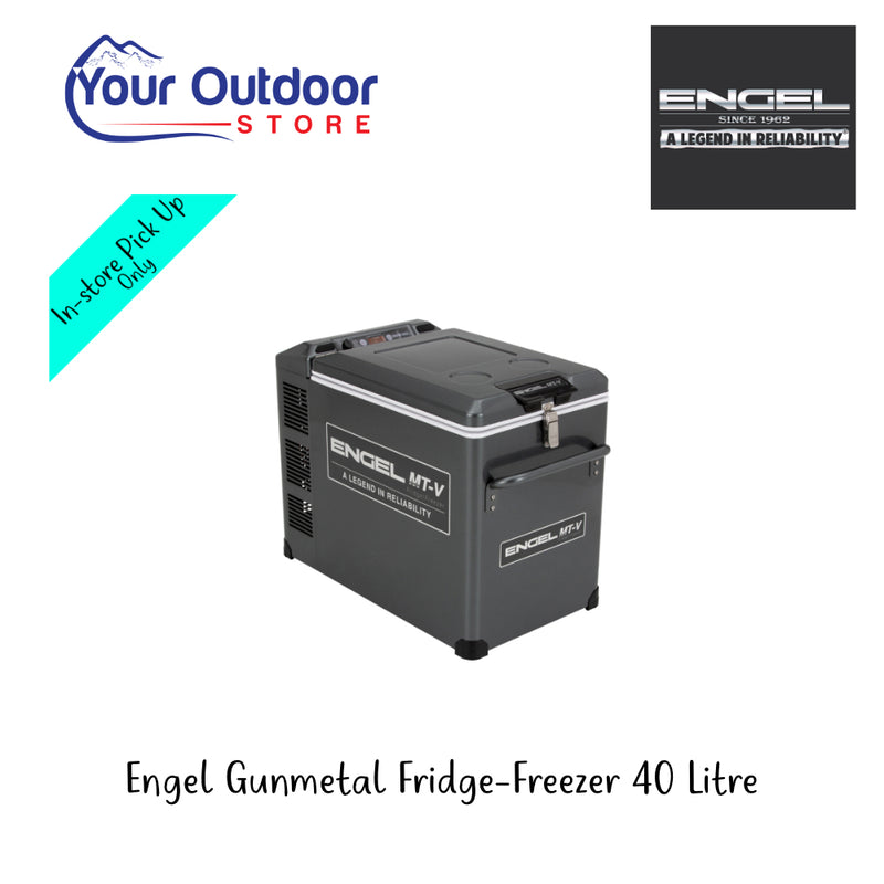Engel Gunmetal Fridge-Freezer 40 Litre. Hero Image Showing Logos and Title. 
