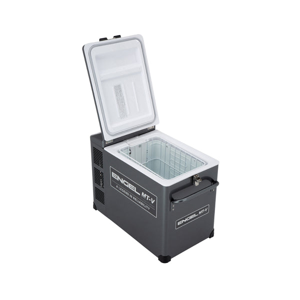Gunmetal | Engel Gunmetal Fridge-Freezer 40 Litre. Angled Front View With Lid Open.  