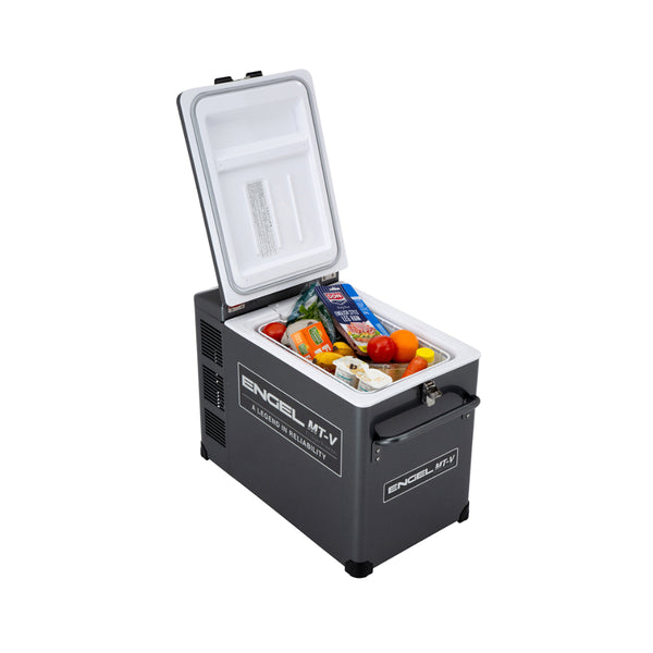 Gunmetal | Engel Gunmetal Fridge-Freezer 40 Litre. Angled Front View With Lid Open and Fully Packed. 