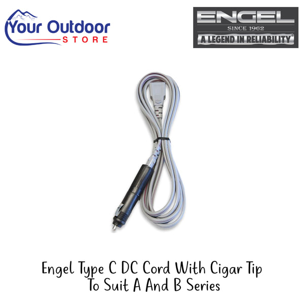 Engel Type C DC Cord With Cigar Tip To Suit A And B Series | Hero Image Showing All Logos And Titles.