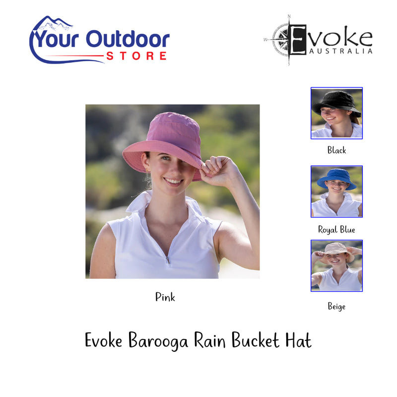 Evoke Barooga Rain Bucket Hat. Hero Image Showing Variants, Logos and Title. 
