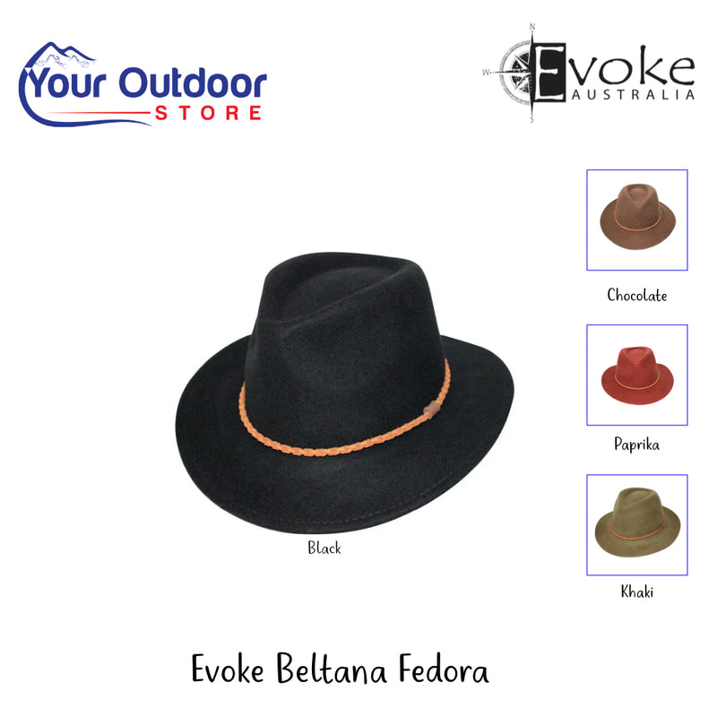 Evoke Beltana Fedora | Hero Image Showing All Logos, Titles And Variants.