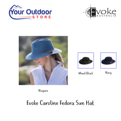 Evoke Caroline Fedora Sun Hat. hero Image Showing, Variants, Logos and Title.