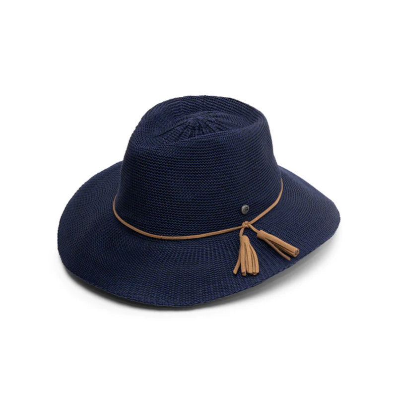 Navy | Evoke Caroline Fedora Sun Hat. Angled Side View.