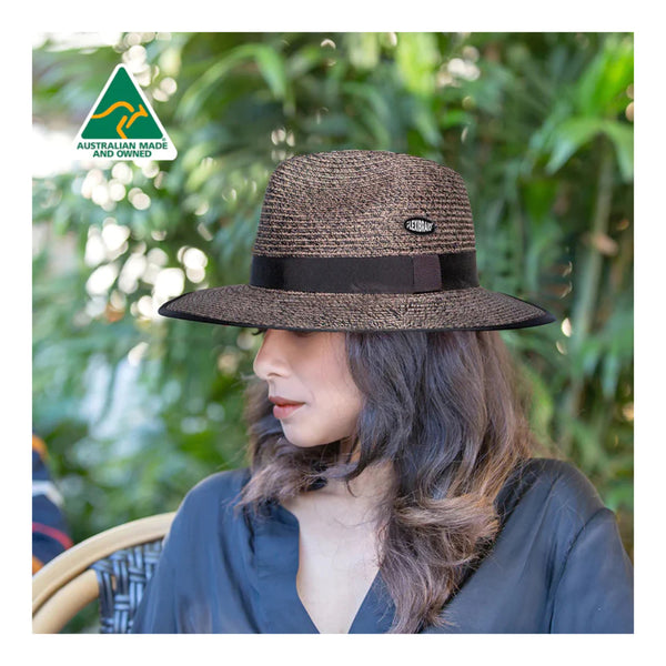Burnt Clove | Evoke Emundi Fedora Sun Hat. Shown on Model. 
