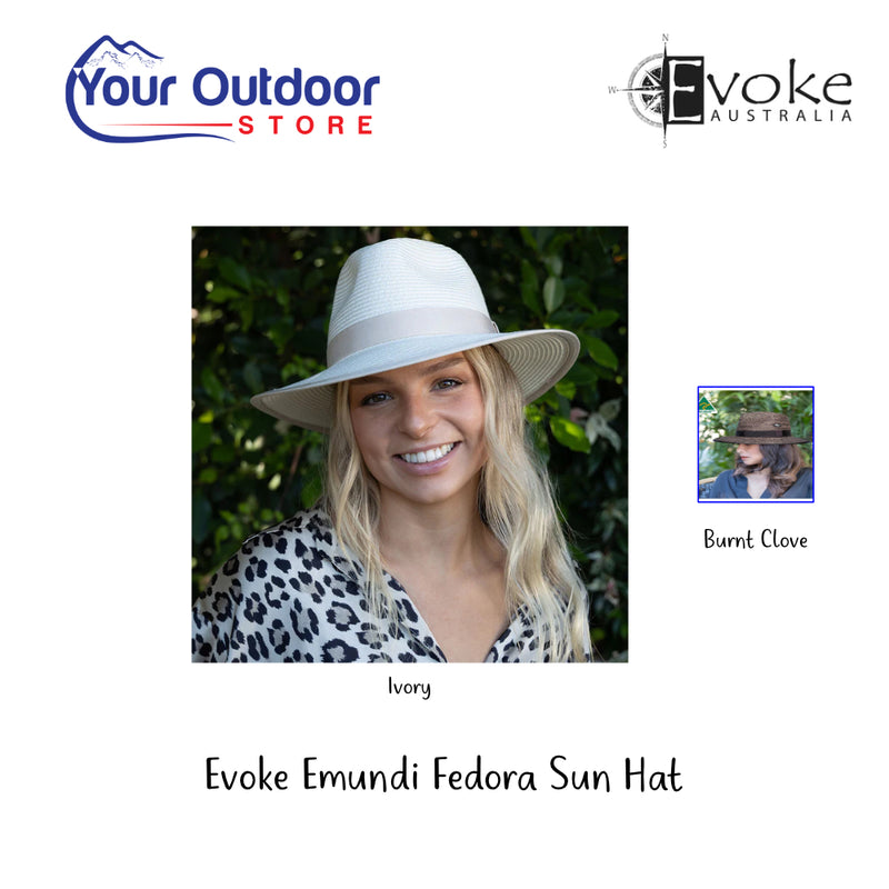 Evoke Emundi Fedora Sun Hat. Hero Image Showing Logos and Title. 
