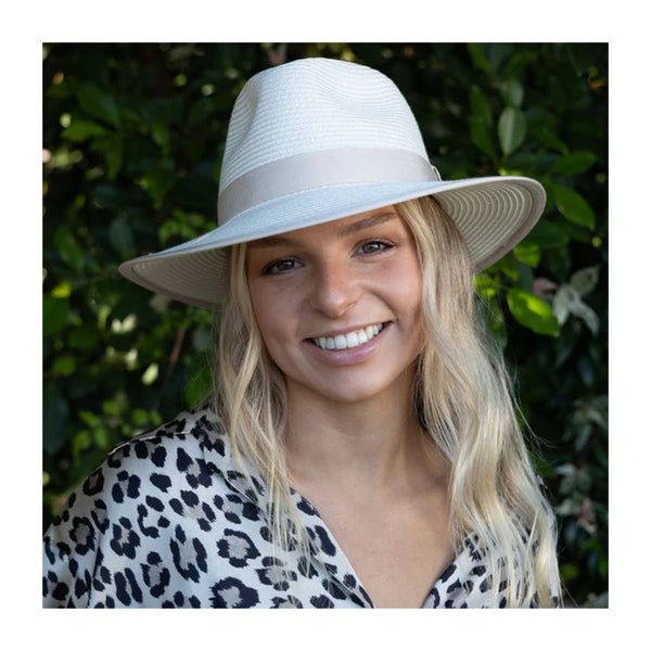 Ivory | Evoke Emundi Fedora Sun Hat. Shown on Model. 