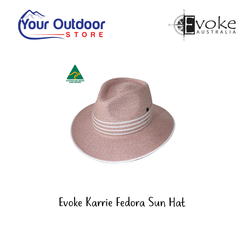 Evoke Karrie Fedora Sun Hat. Hero Image Showing Logos and Title. 