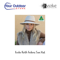 Evoke Keith Fedora Sun Hat. Hero Image Showing Logos and Title. 