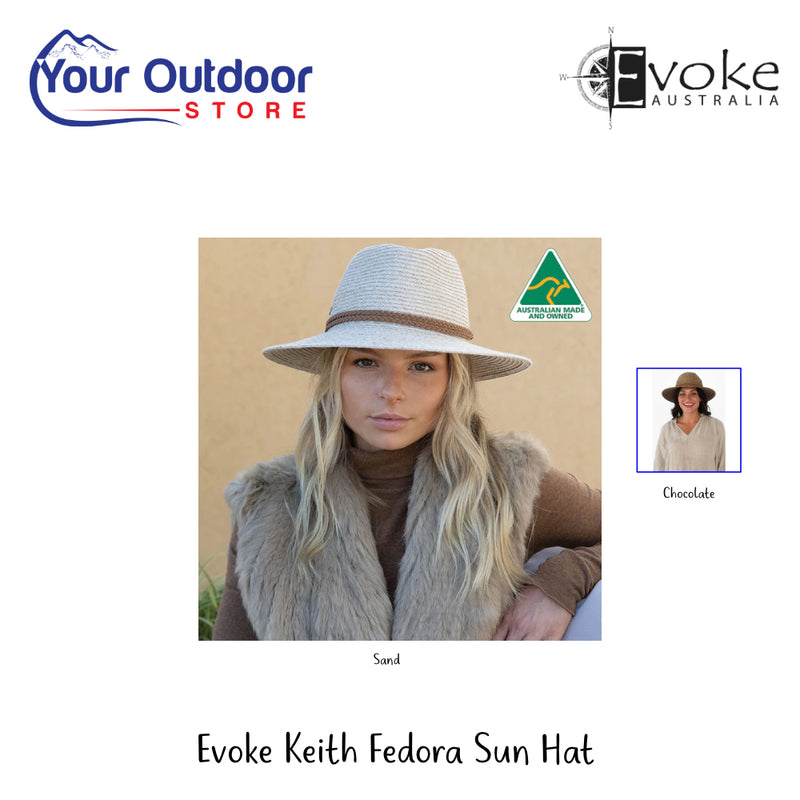 Evoke Keith Fedora Sun Hat | Hero Image Showing All Logos, Titles And Variants.