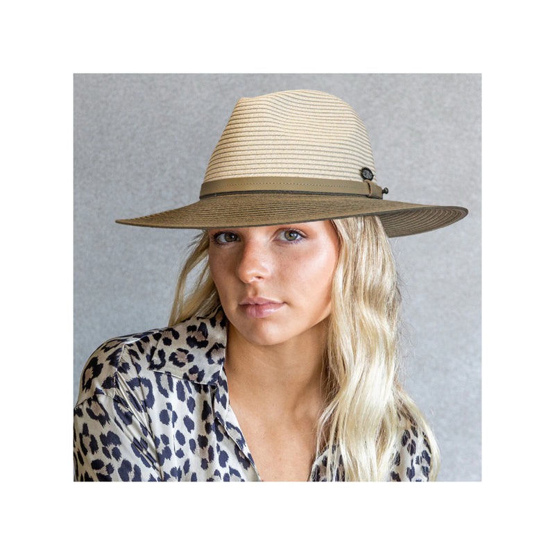 Ivory / Khaki | Evoke Lexi Fedora Image Showing The Hat On A Model.