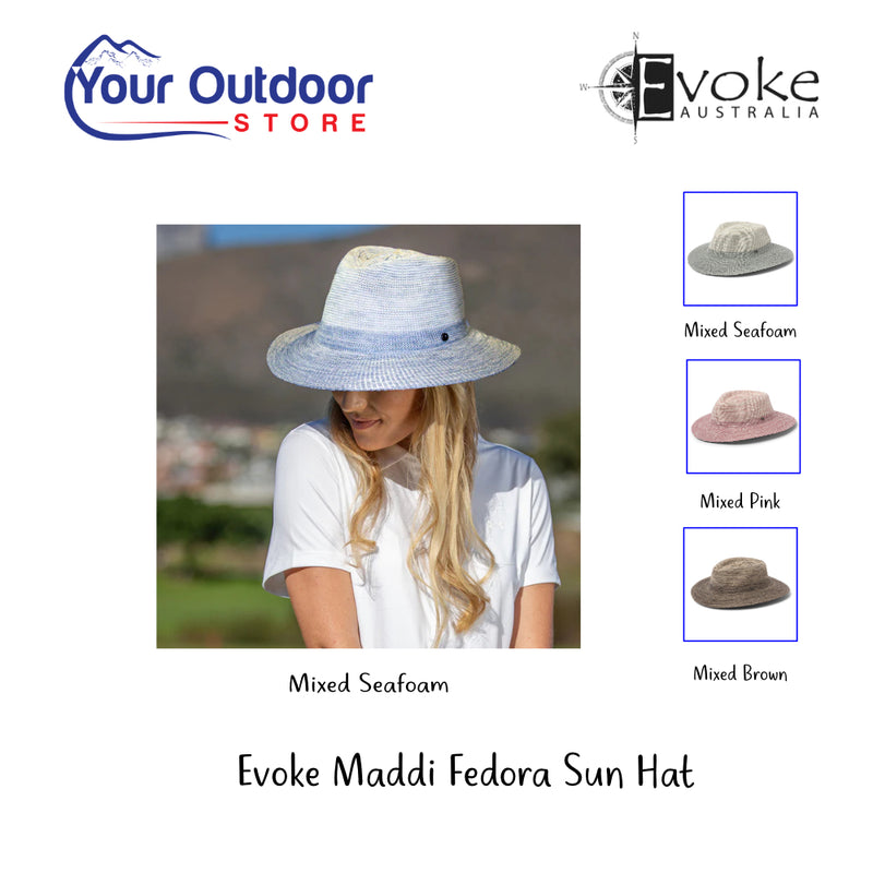 Evoke Maddi Fedora Sun Hat. Hero Image Showing Variants, Logos and Title.