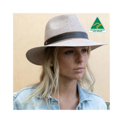 Taupe Combo | Evoke Mario Fedora Sun Hat. Angled Front View on Model.