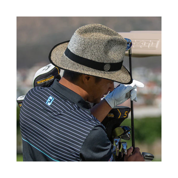 Ivory / Black | Evoke Palmer Fedora Sun Hat. Angled Back View on Golf Model. 