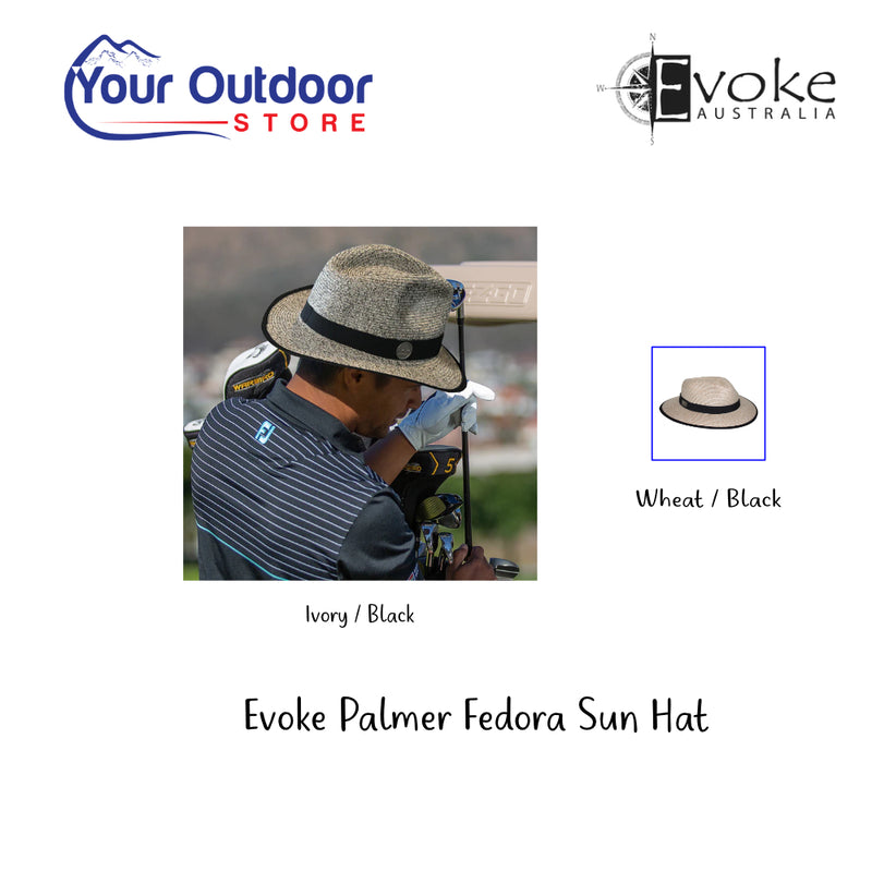 Evoke Palmer Fedora Sun Hat. Hero Image Showing Logos and Title. 