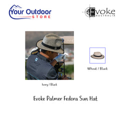 Evoke Palmer Fedora Sun Hat. Hero Image Showing Logos and Title. 
