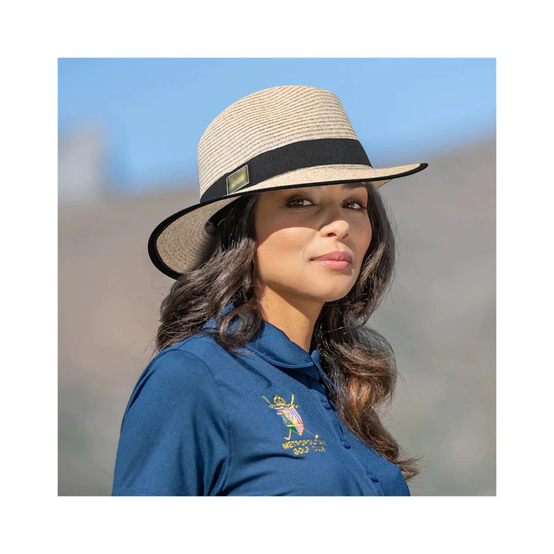 Wheat / Black | Evoke Palmer Fedora Sun Hat. Angled Front View on Female Model.