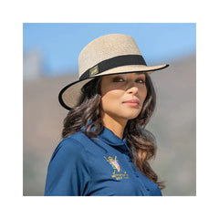 Wheat / Black | Evoke Palmer Fedora Sun Hat. Angled Front View on Female Model.