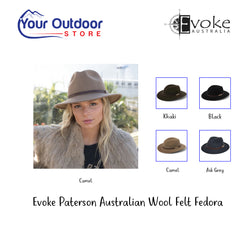 Evoke Paterson Australian Wool Felt Fedora. Hero Image Showing Variants, Logos and Title.