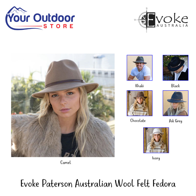 Evoke Paterson Australian Wool Felt Fedora | Hero Image Showing All Logos, Titles And Variants.
