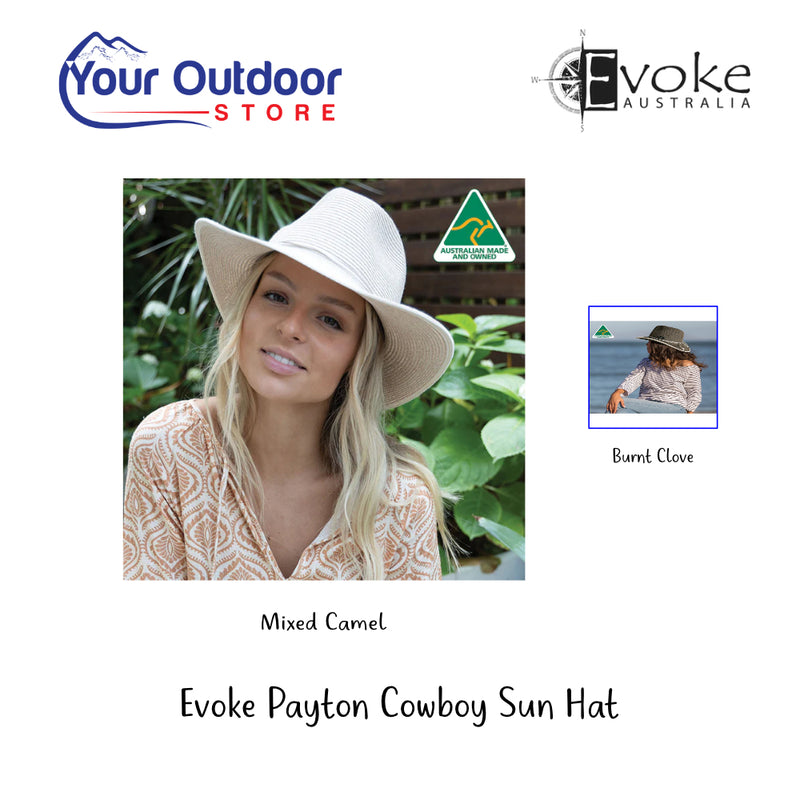 Evoke Payton Cowboy Sun Hat. Hero Image Showing Logos and Title. 