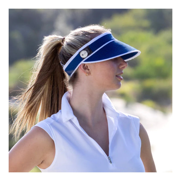Royal Blue | Evoke Pearl Visor. Side Front View on Model.