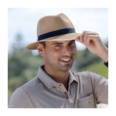 Natural | Evoke Reef Panamate Sun Hat. Angled Front View on Model. 