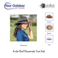 Evoke Reef Panamate Sun Hat. Hero Image Showing Variants Logos and Title. 
