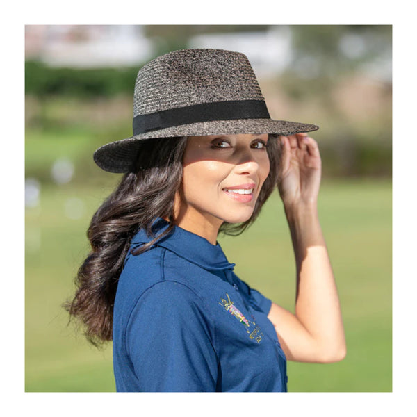 Charcoal | Evoke Reef Panamate Sun Hat. Angled Front View on Model. 