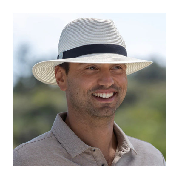 Ivory | Evoke Reef Panamate Sun Hat. Angled Front View on Model. 