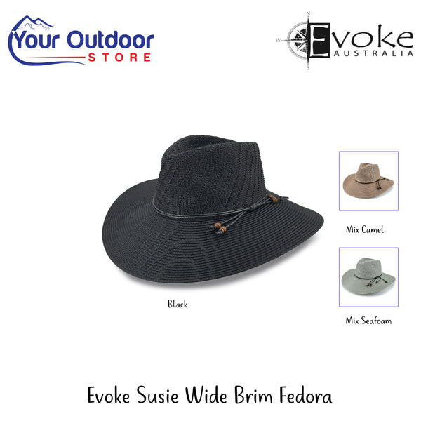 Evoke Susie Wide Brim Fedora | Hero Image Showing All Logos, Titles And Variants.