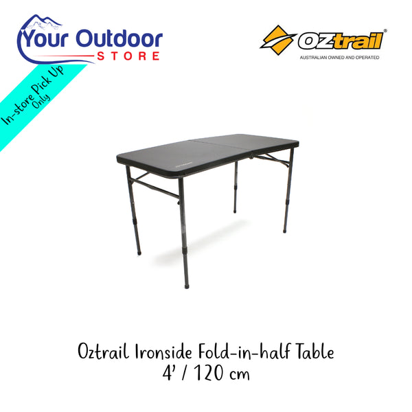 Oztrail Ironside Fold In Half 120cm Table | Hero Image Showing All Logos And Titles.