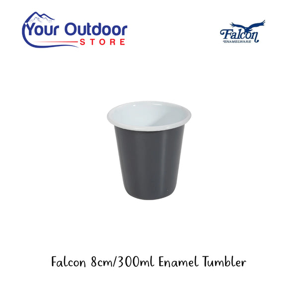 Falcon 8cm /300ml Enamel Tumbler. Hero Image Showing Logos and Title. 