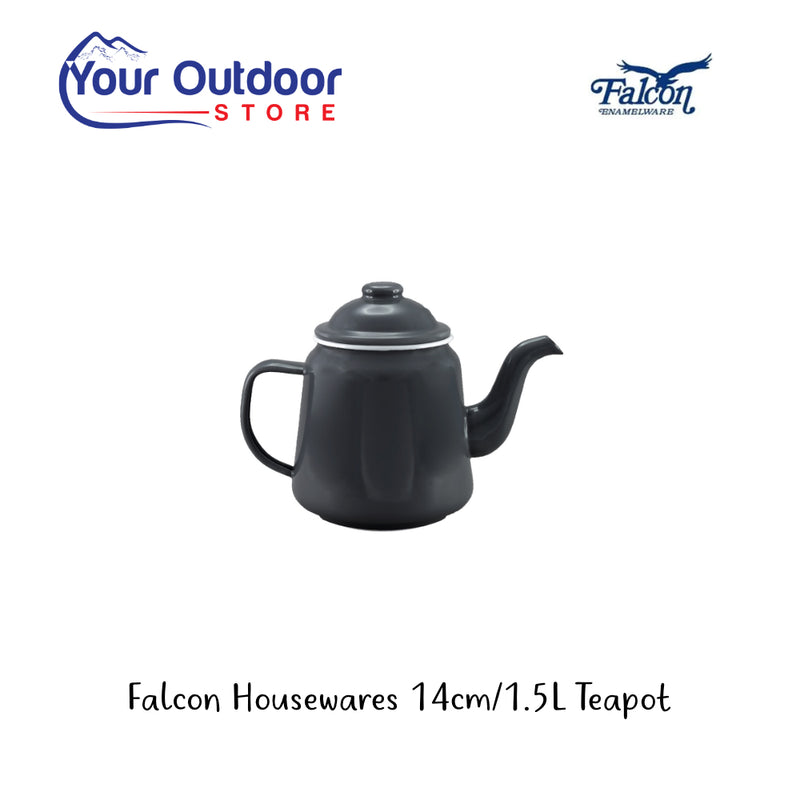 Falcon Housewares 14cm / 1.5L Teapot. Hero Image Showing Logos and Title. 