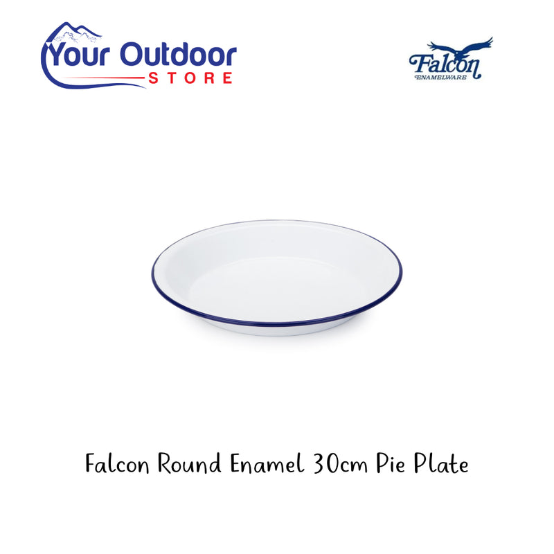 Falcon Round Enamel 30 cm Pie Plate. Hero Image Showing Logos and Title. 