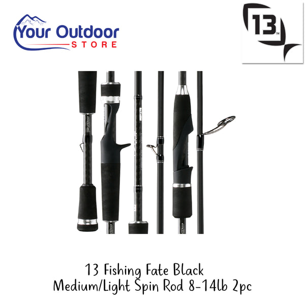 13 Fishing Fate Black Medium/Light Spin Rod 8-14lb | Hero Image Showing All Logos And Titles.