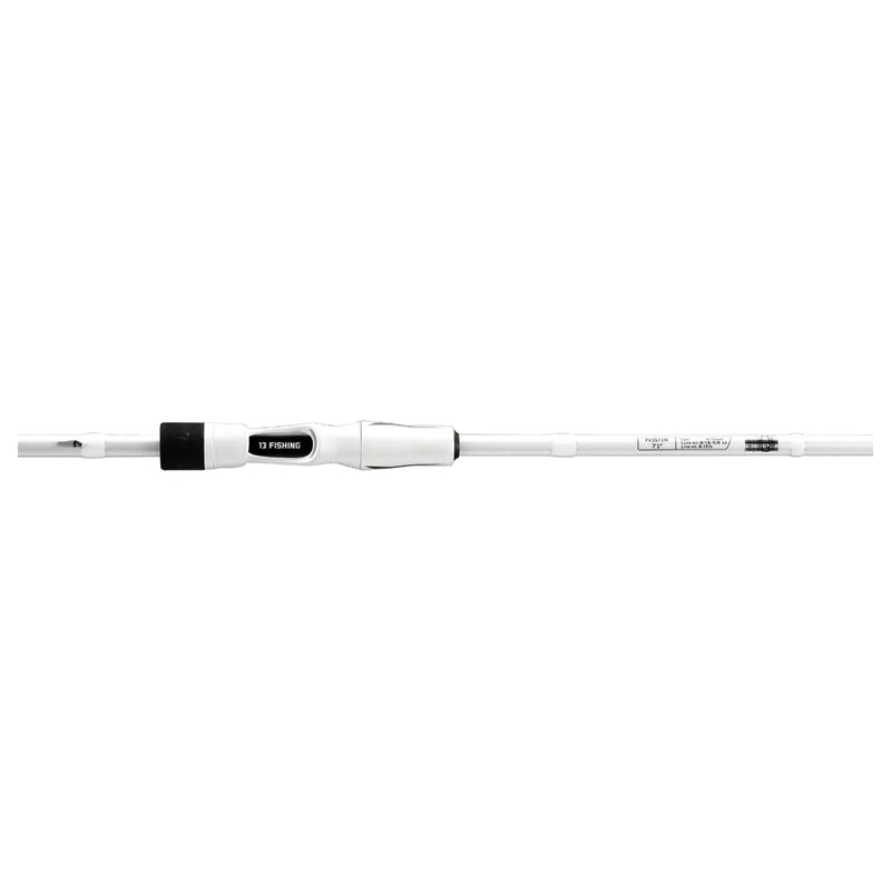 White | 13 Fishing Fate V3 6'8 Two Piece Medium/Light 8-14lb Spin Rod Image Showing Close Up View Of The Logo.