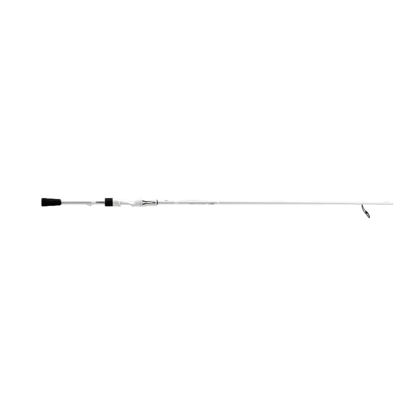 White | 13 Fishing Fate V3 6'8 Two Piece Medium/Light 8-14lb Spin Rod Image Showing The Rod On It's Side.