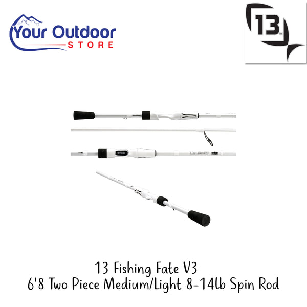 13 Fishing Fate V3 6'8 Two Piece Medium/Light 8-14lb Spin Rod | Hero Image Showing All Logos And Titles.