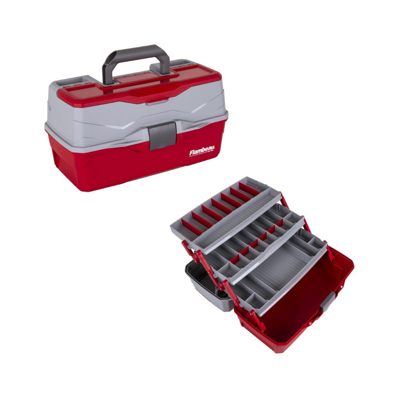 Red | Flambeau Three Tray Tackle Box Image Showing Veiw Of Both The Tackle Box Closed, And Fully Open.