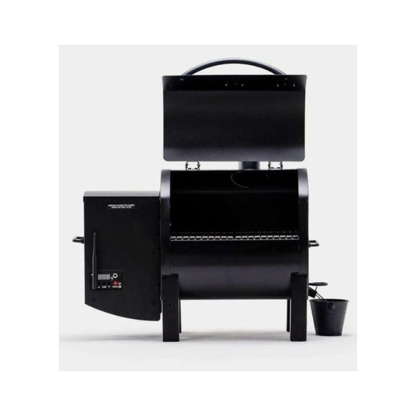 GMG Trek Prime 2.0 WiFi 12V Pellet Grill | Image Showing Front View Lid Up.
