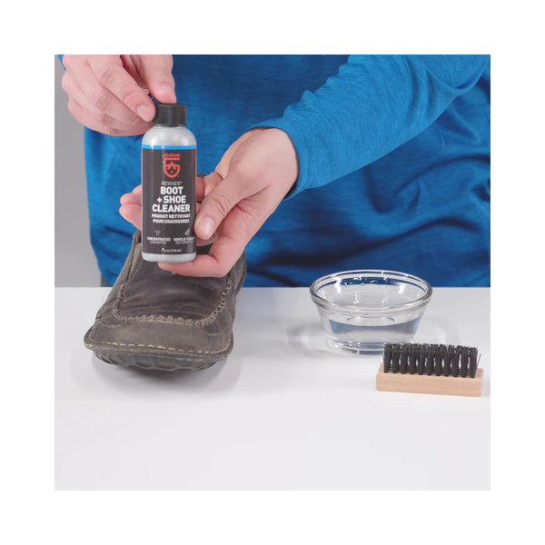 Gear Aid Leather Boot Care Kit | Image Showing Boot And Show Cleaner Bottle.
